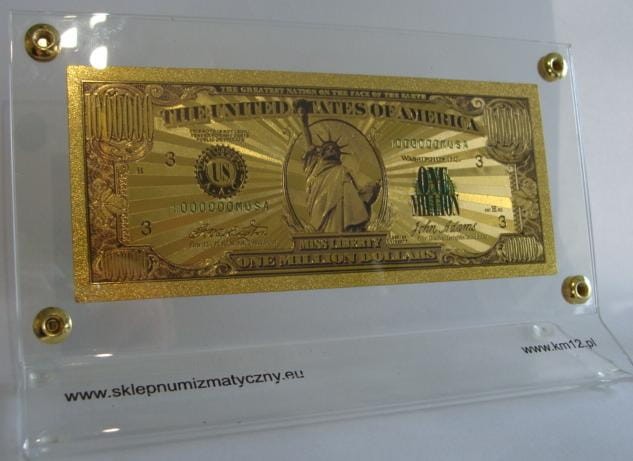 USA: Banknot złocony i kolorowany 1.000.000$ - MILION dolarów (ze stojakiem)