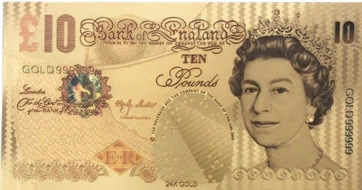 ANGLIA: Banknot złocony i kolorowany: 10 Funtów