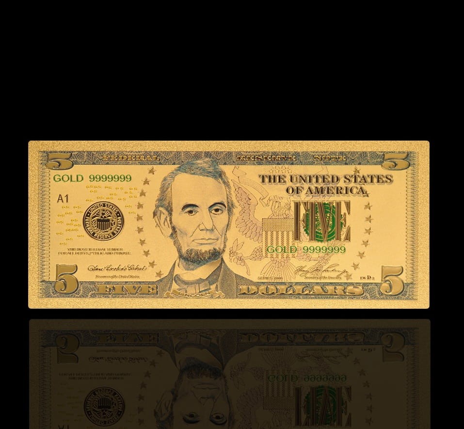 USA: Banknot złocony 5$ - PIĘĆ dolarów