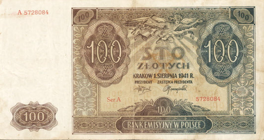 POLSKA  Banknot 100 zł / 1941 r. X - seria A