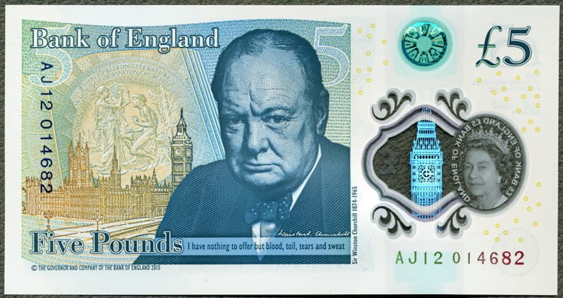 ANGLIA Banknot polimerowy 5 Funtów / 2016 r .