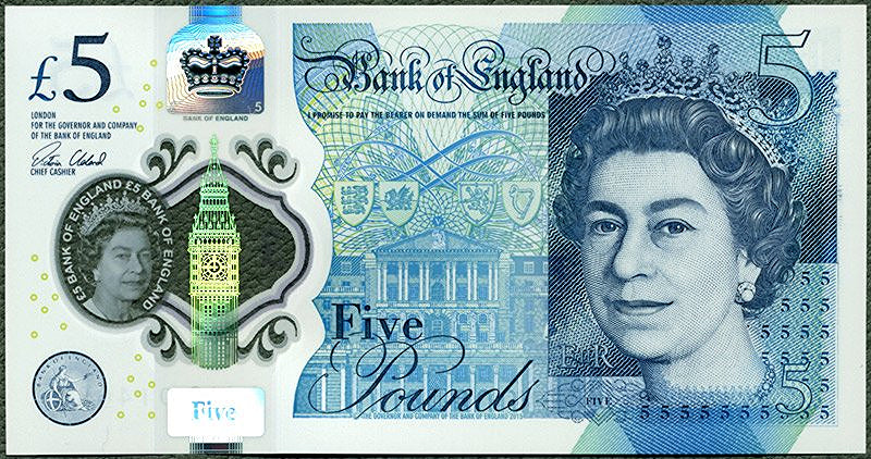 ANGLIA Banknot polimerowy 5 Funtów / 2016 r .