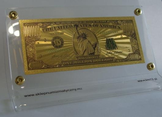 USA: Banknot złocony i kolorowany 1.000.000$ - MILION dolarów  (ze stojakiem)