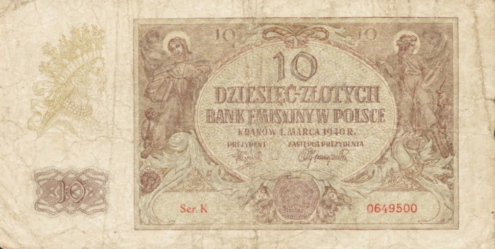 POLSKA  Banknot 10 zł / 1940 r. X - seria K