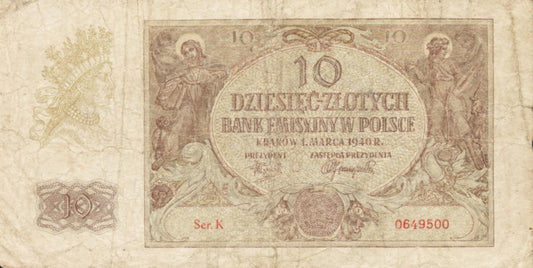 POLSKA  Banknot 10 zł / 1940 r. X - seria K
