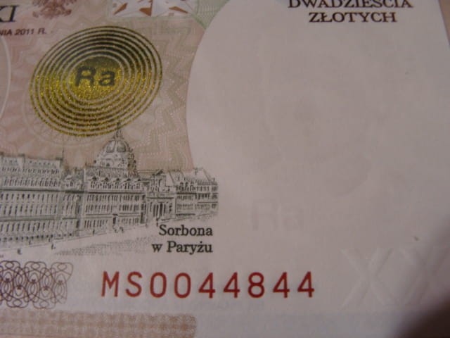 Ciekawy nr serii   20 zł / 2011 r. - Maria Skłodowska - Curie  - MS 0044844