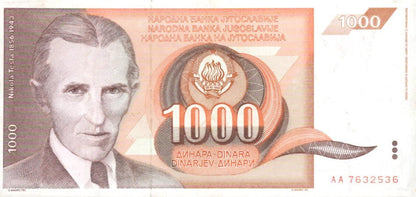 JUGOSŁAWIA Banknot 1000 Dinarów / 1990 r. - Nikola Tesla