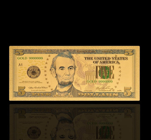 USA: Banknot złocony 5$ - PIĘĆ dolarów