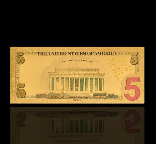USA: Banknot złocony 5$ - PIĘĆ dolarów